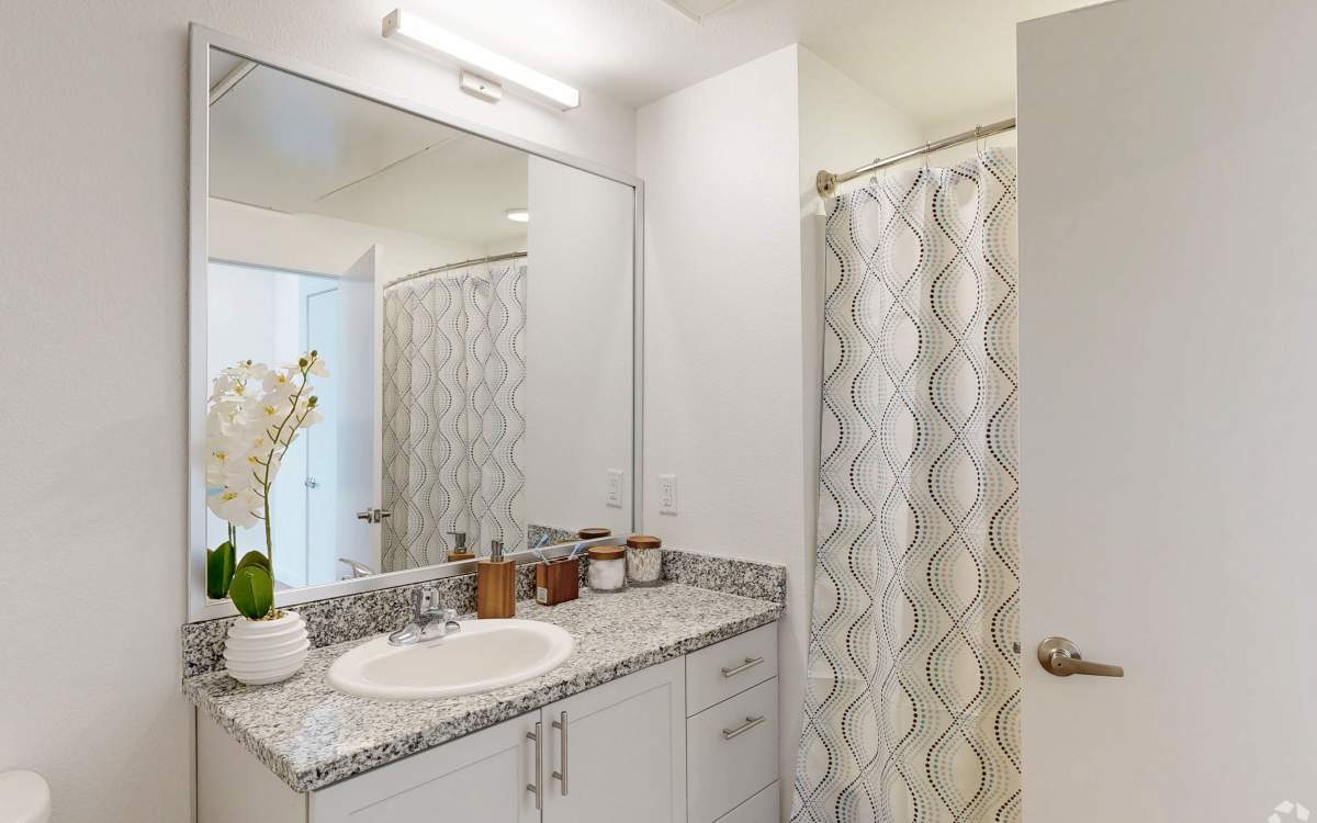 Apartment bathroom at The Rose on Colfax in Denver,Colorado