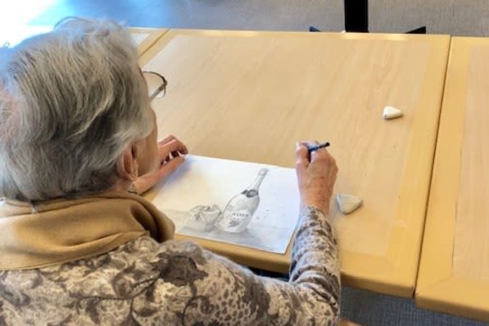 Residents taking a drawing class at Merrill Gardens at Rockridge in Oakland, California. 