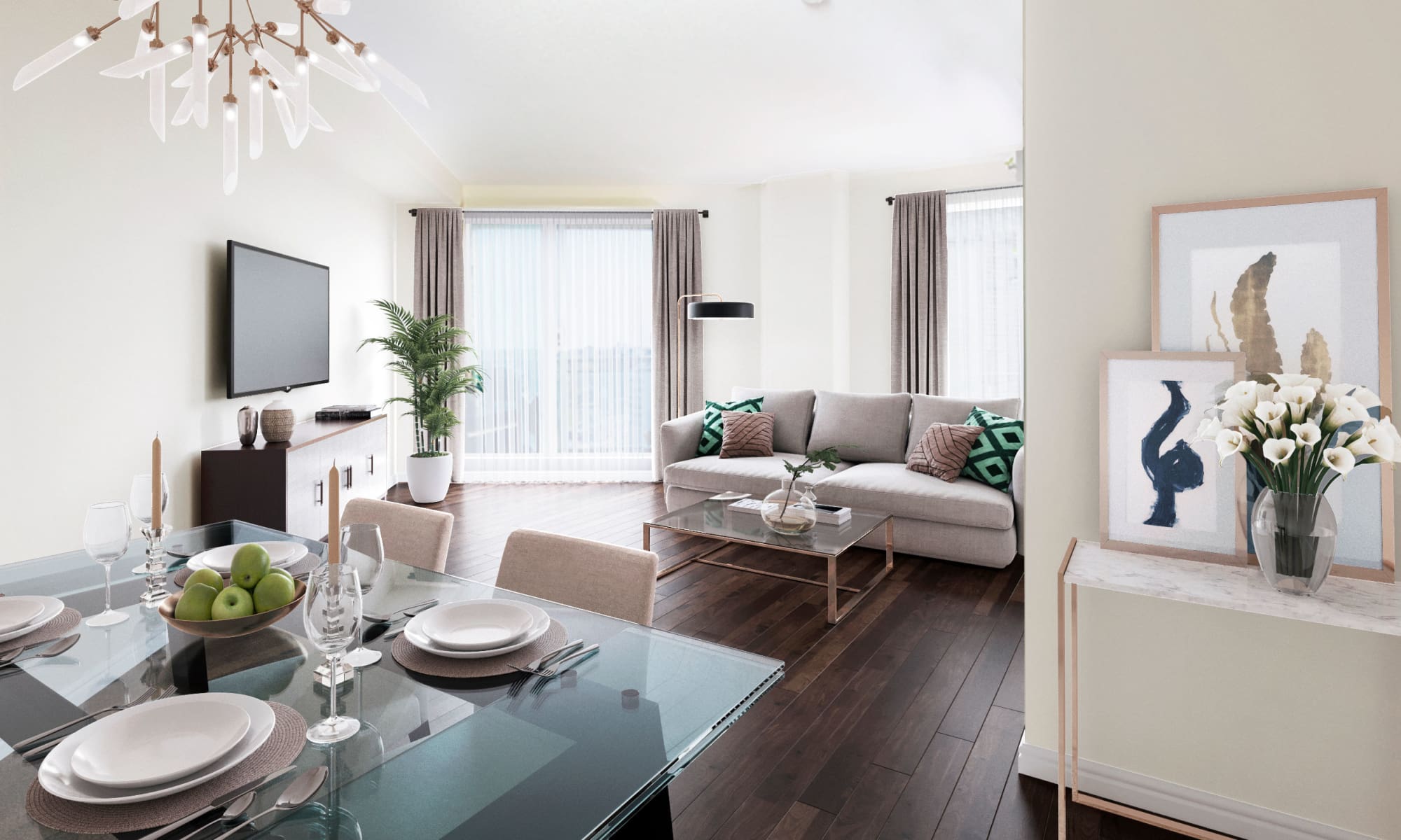 Modern living room at Discovery Pointe in Calgary, Alberta