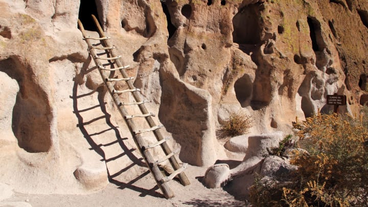 A ladder leads to a cave ruin in Bandelier National Monument, New Mexico