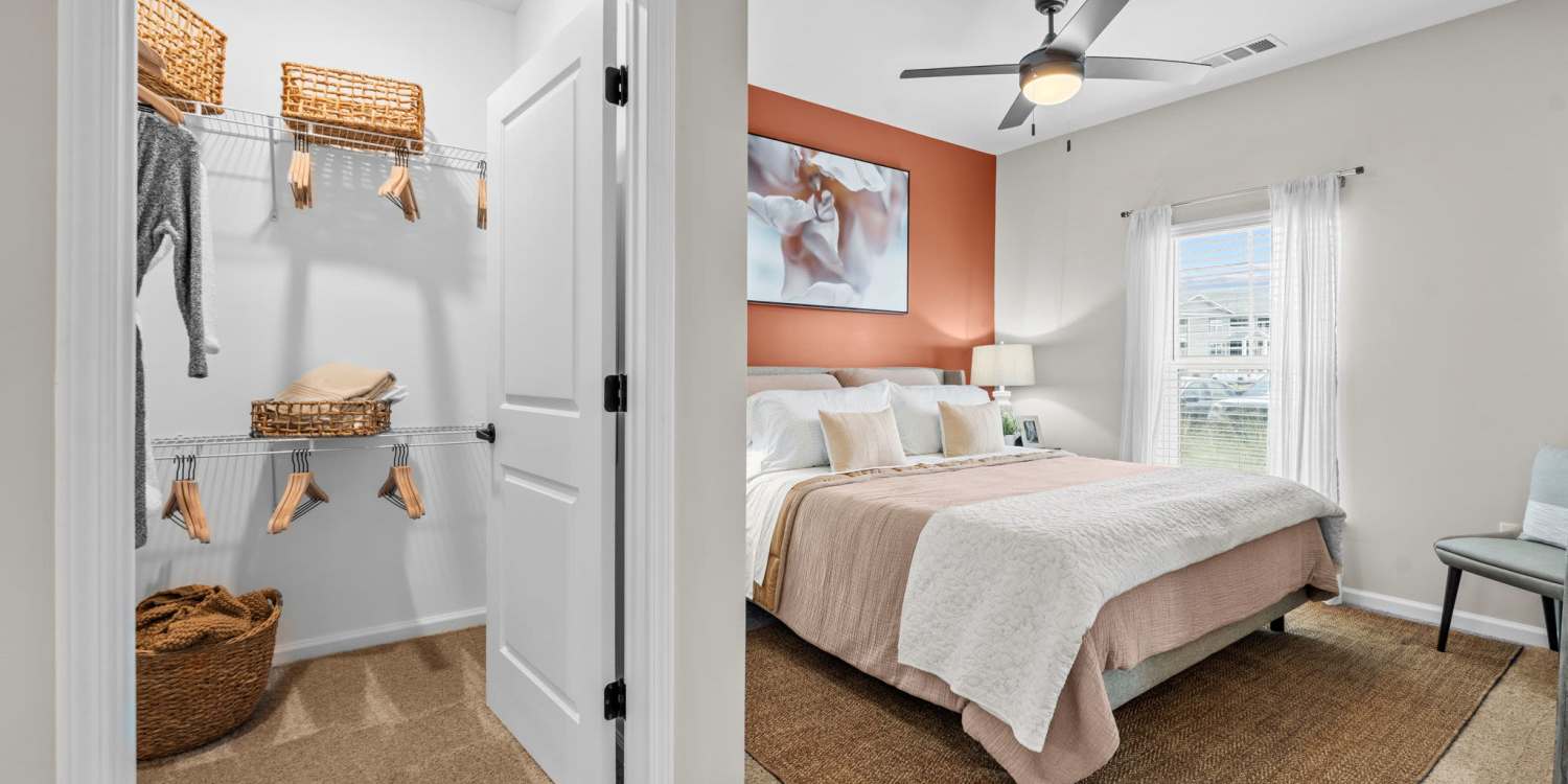 Bedroom and walk-in closet at North Bay Landing in Panama City, Florida
