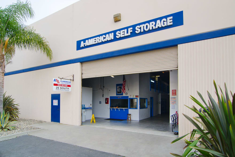 Exterior of the main entrance at A-American Self Storage in Santa Barbara, California