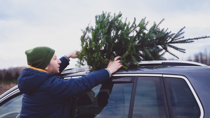 A man putting a tree on top of his car