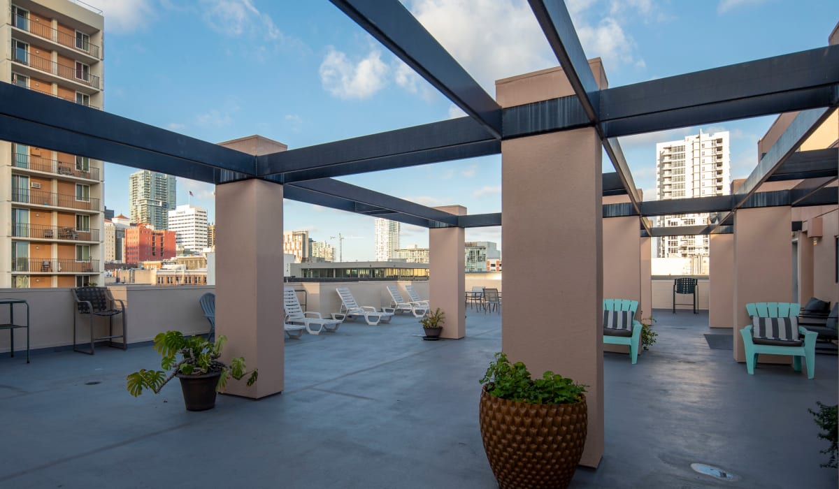 Photo of the rooftop area with chairs and plants