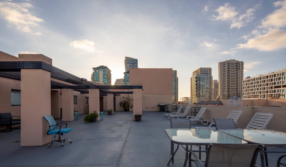 Photo of the rooftop area with downtown buildings in the background