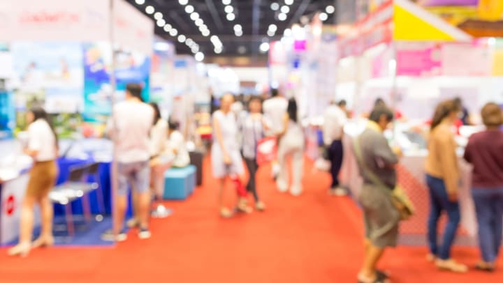 Abstract blurred event exhibition with people background, business convention show concept