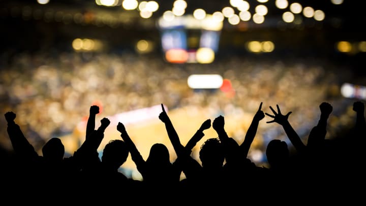 Fans cheer inside an arena at basketball game
