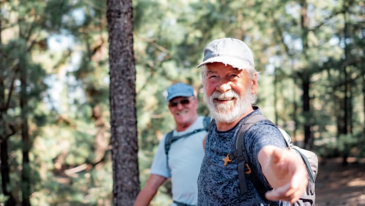 Two senior men enjoying hiking in the woods.