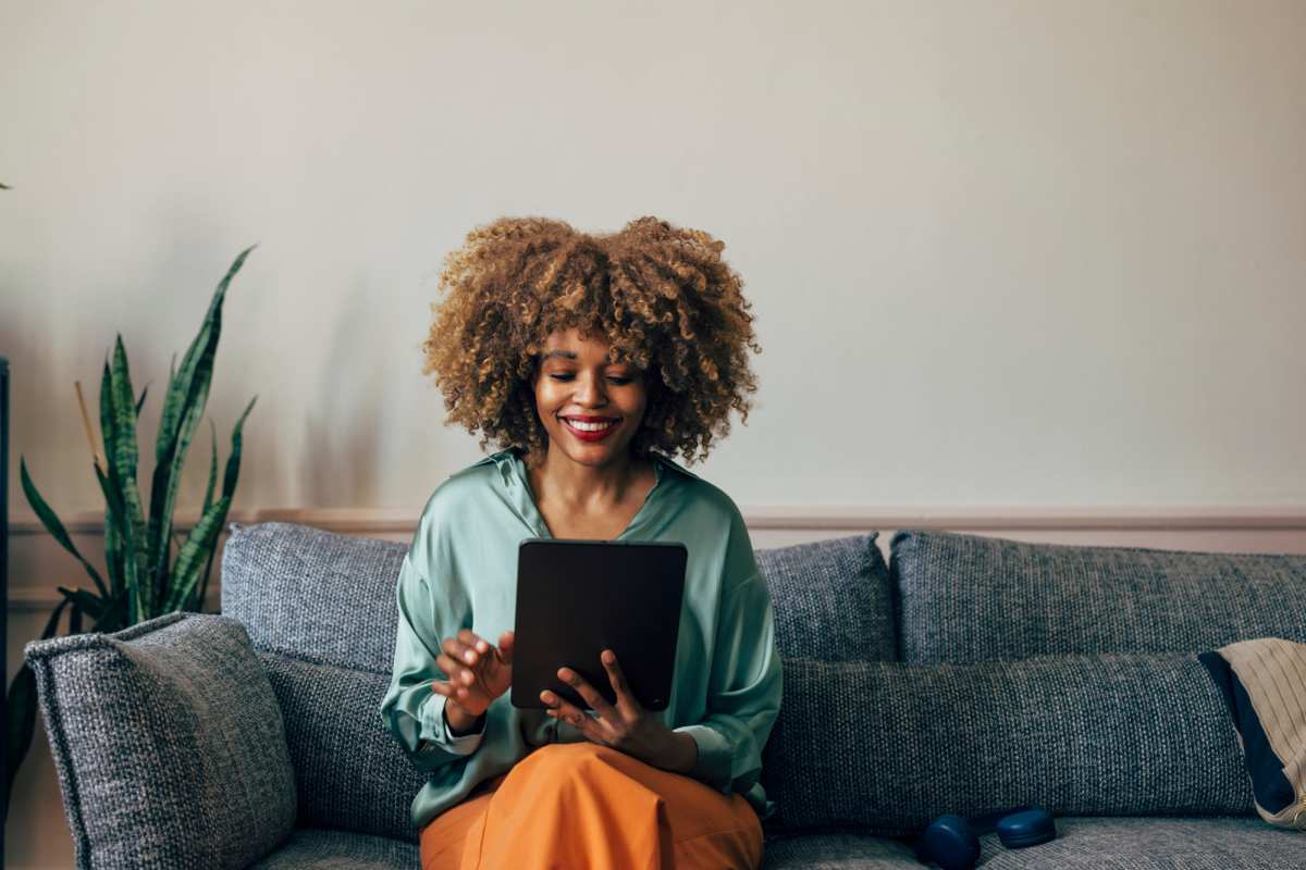 Resident on her iPad at Snowden Creek in Eldersburg, Maryland     