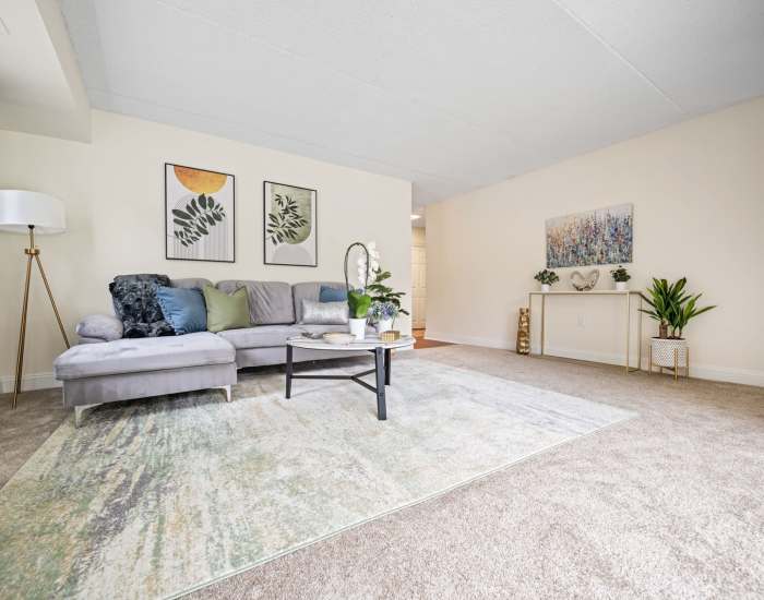 Spacious living room with a comfortable couch and a coffee table at Windsor Court and Tower in Silver Spring, Maryland