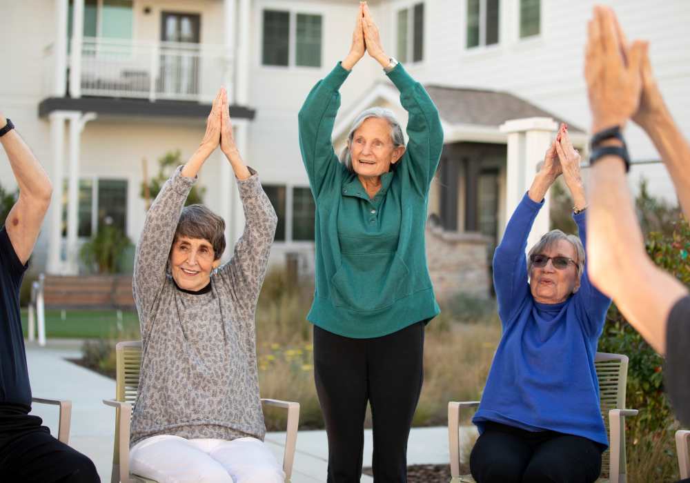 Residents in a stretching class at Clearwater at Riverpark in Oxnard, California