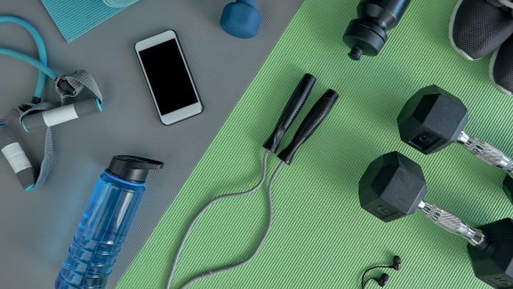 An above shot of workout equipment and gear.