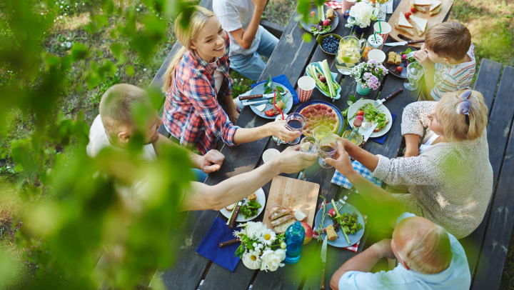 People toasting glasses around a picnic table with a sprawl of food spread out in front of them. 