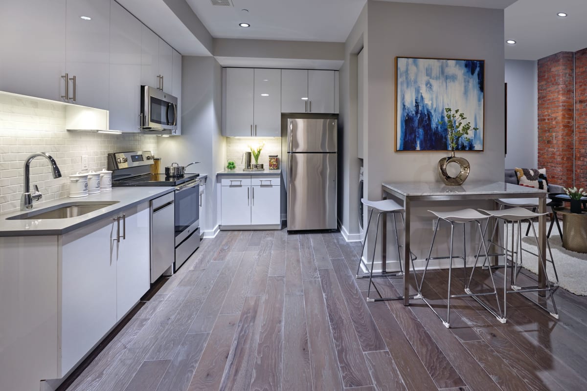 Chef-inspired kitchen in a model home at 210 Main in Hackensack, New Jersey