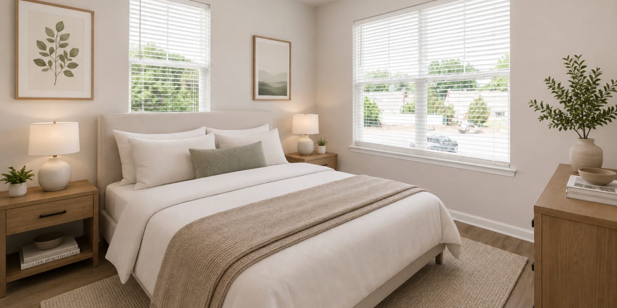 Bed with white linens and decorative pillows at Bethlehem Commons in Bethlehem, Pennsylvania