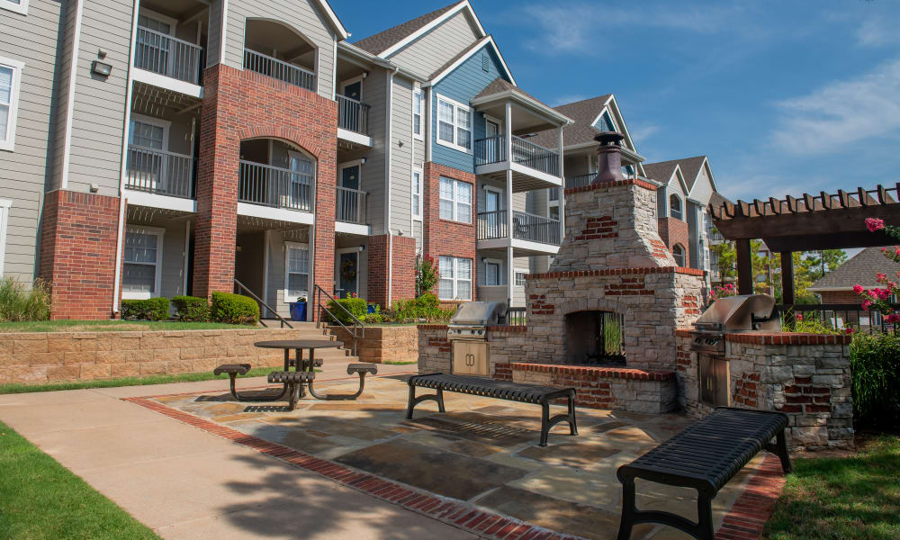A large outdoor patio at Fountain Lake in Edmond, Oklahoma
