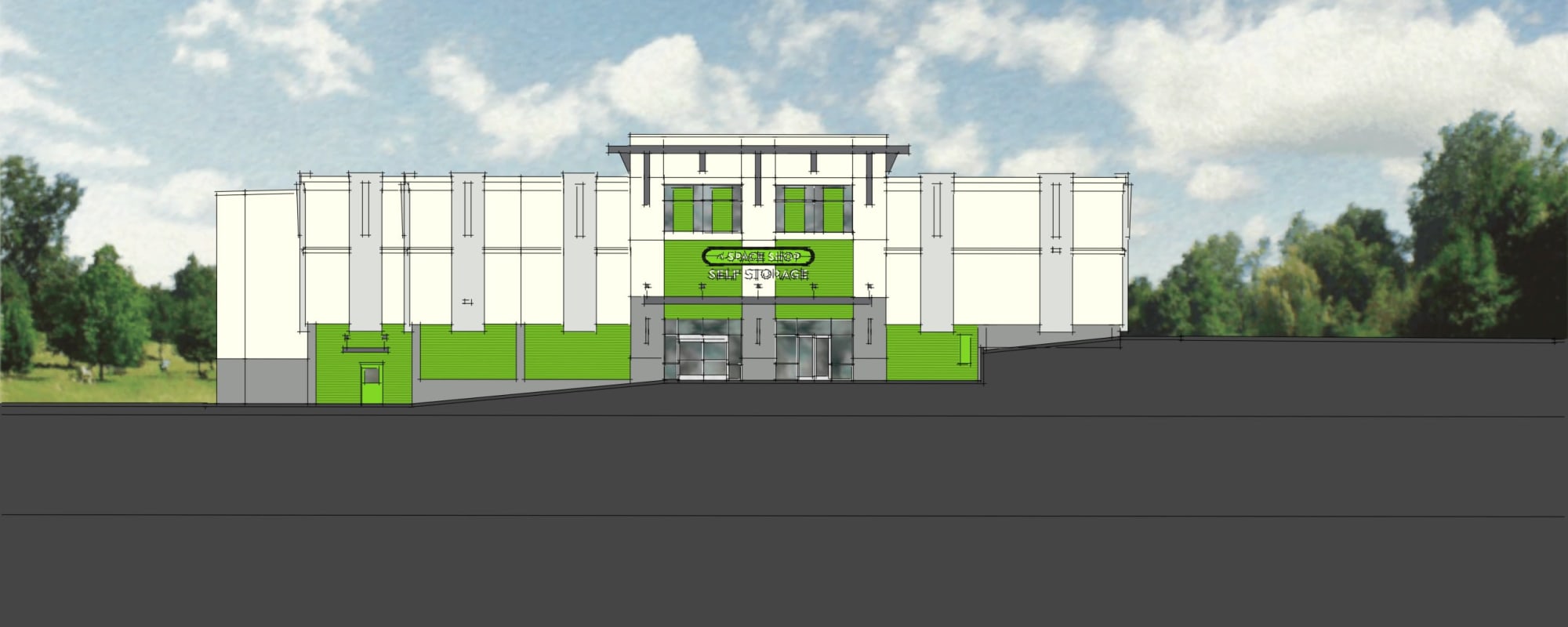 Front of building at Space Shop Self Storage in Riverdale, Georgia