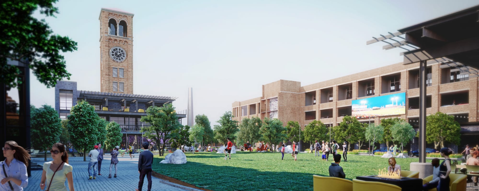 Rendering of the green space and clock tower at Factory 52 in Cincinnati, Ohio