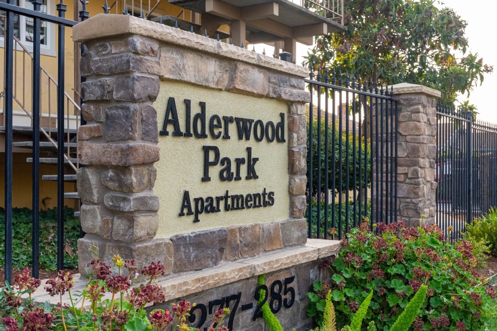 Monument sign at Alderwood Park Apartment Homes in Livermore, California