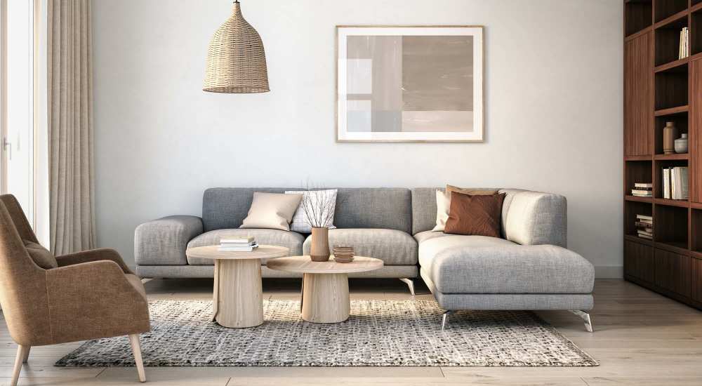 Living room with large sofa at Vicino in Madison, Wisconsin