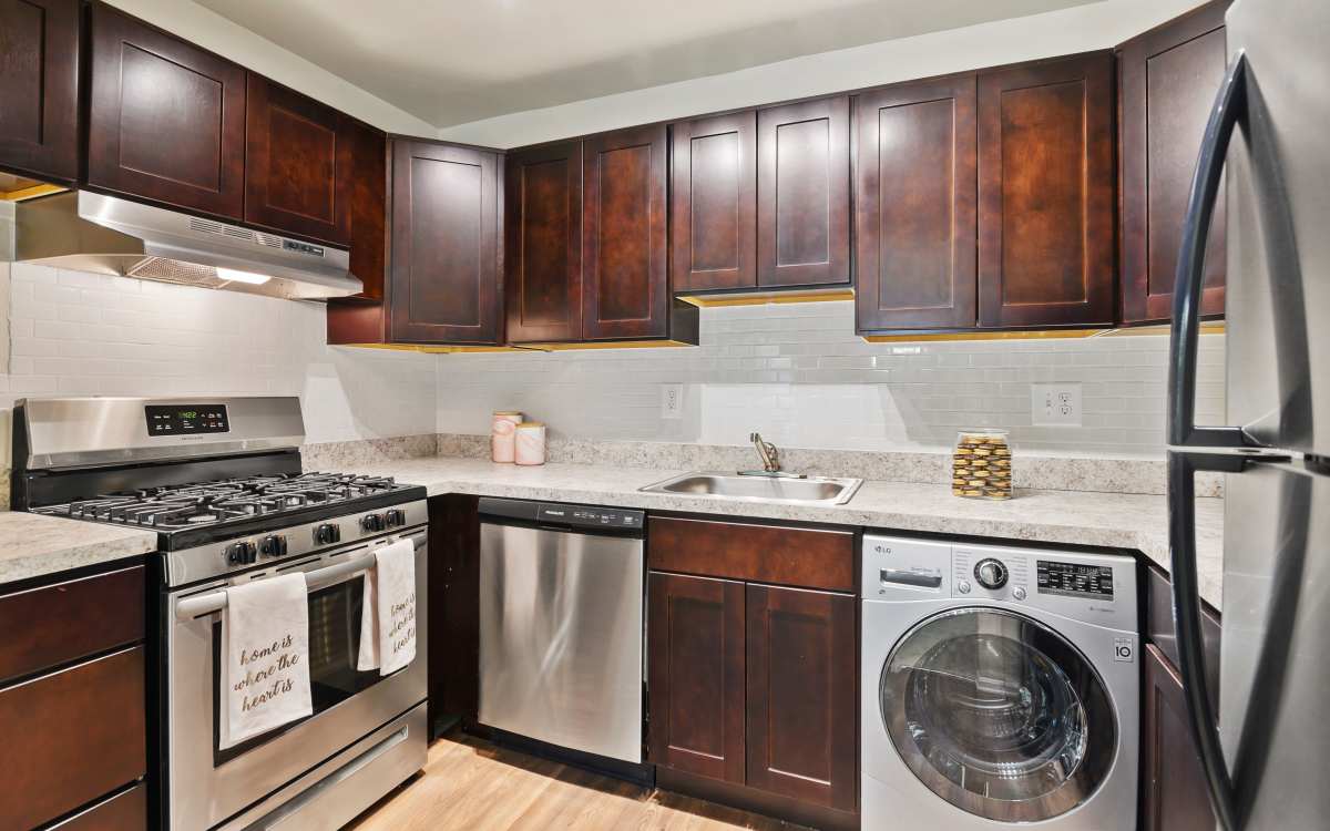 Kitchen with wooden cabinets at  in , 