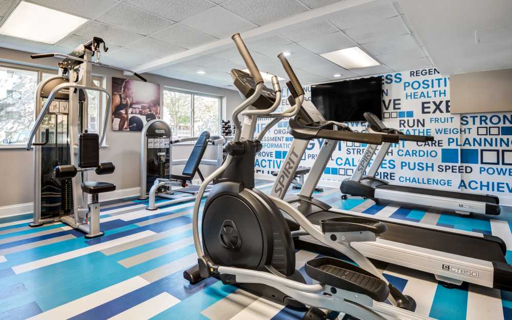 Well-equipped fitness center with cardio equipment at Villages at Montpelier Apartment Homes in Laurel, Maryland 