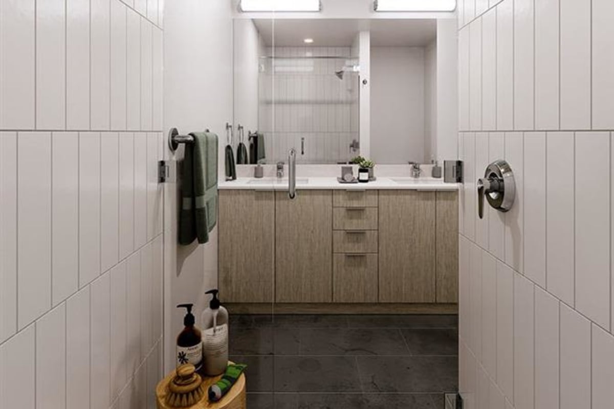 Modern finishes in an apartment bathroom at S'PARK Apartments in Boulder, Colorado