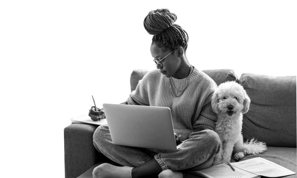 Resident studying with her dog at Cedar Flats in Chico, California