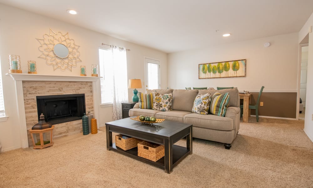An apartment living room at Crown Pointe Apartments in Oklahoma City, Oklahoma