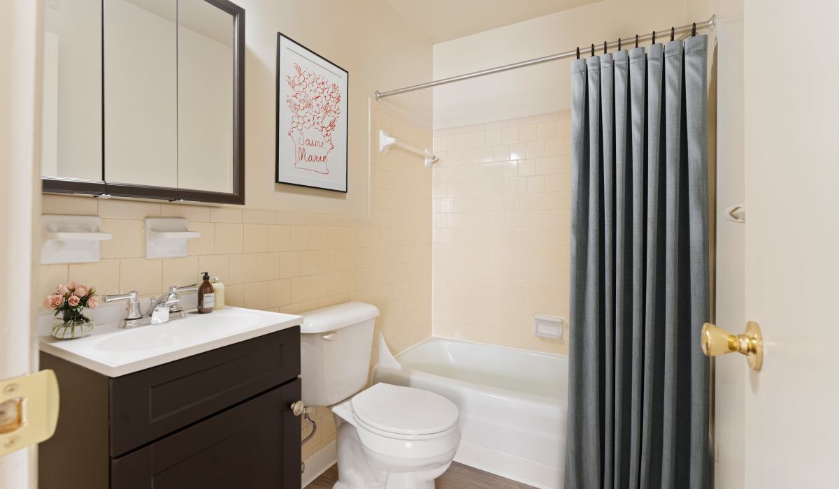 Bathroom with shower curtain at Misty Pines Apartments in Ashland, Virginia