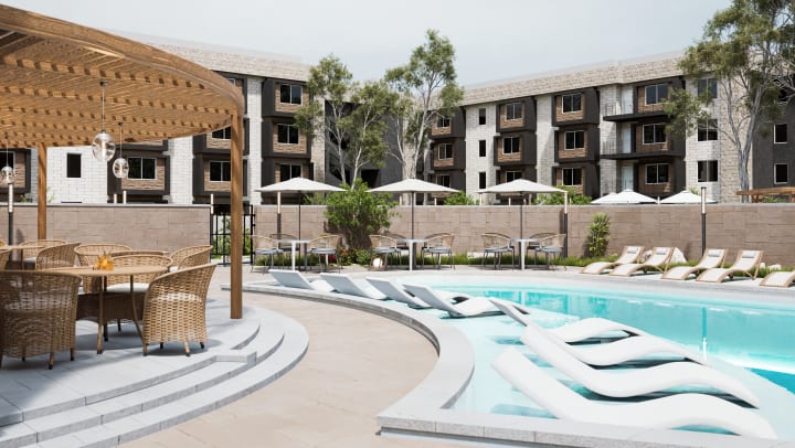 Resort-style pool and hot tub at Stone Village luxury apartments in north Reno