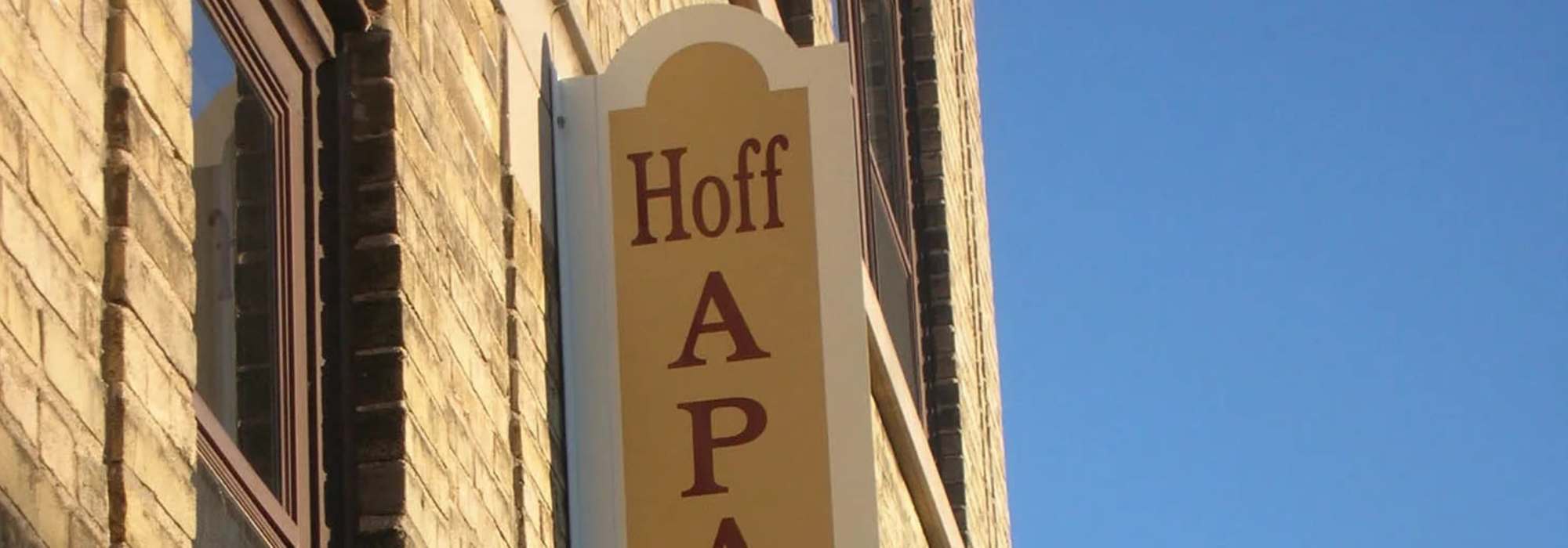 Sign board at Hoff Mall and Hoff Apartments in Mount Horeb, Wisconsin