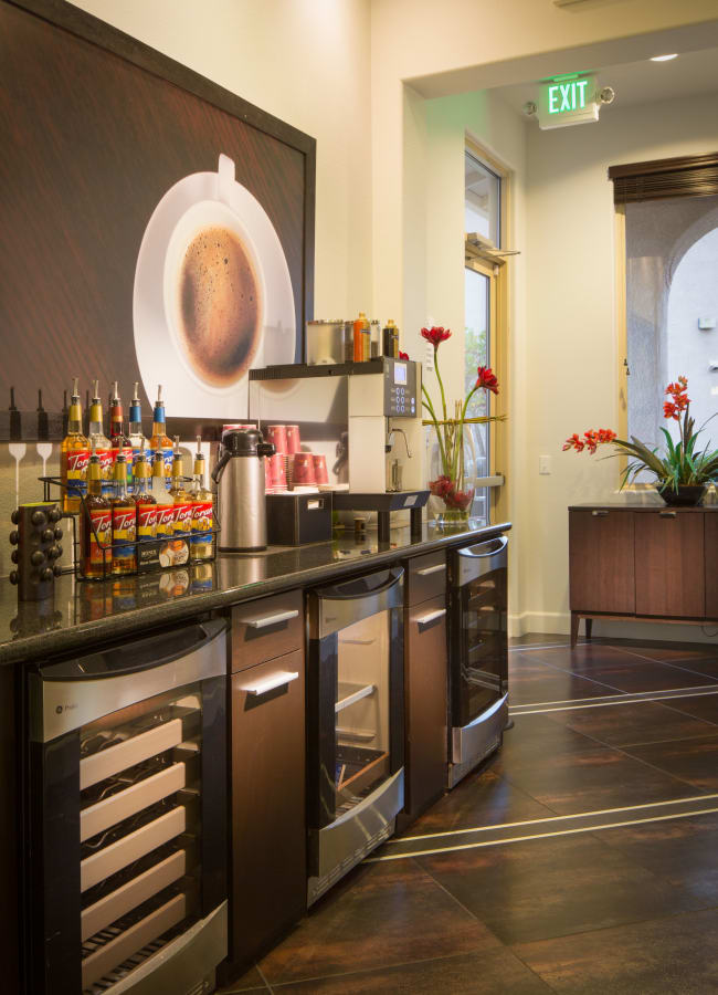 Complimentary coffee bar at Venu at Galleria Condominium Rentals in Roseville, California