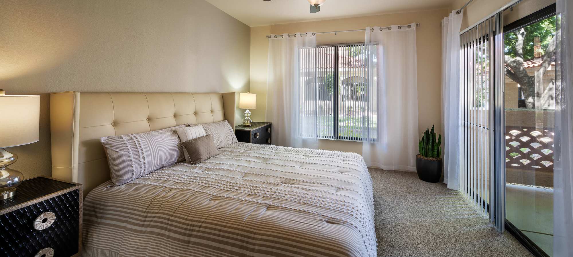 Luxuriously decorated master bedroom in a model home at San Palmilla in Tempe, Arizona