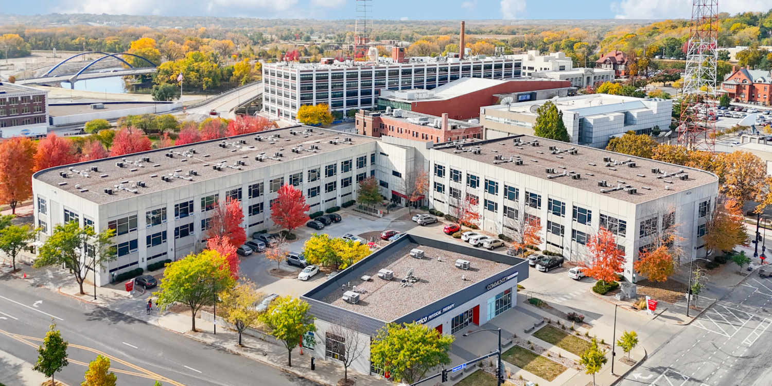 Aerial view of the community at Gateway Lofts in Des Moines Iowa