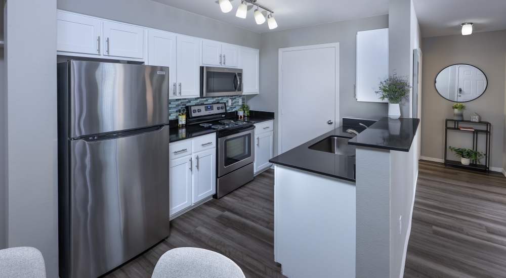 Well-equipped kitchen with stainless-steel appliances and black quartz countertops at Stonemeadow Farms in Bothell, Washington