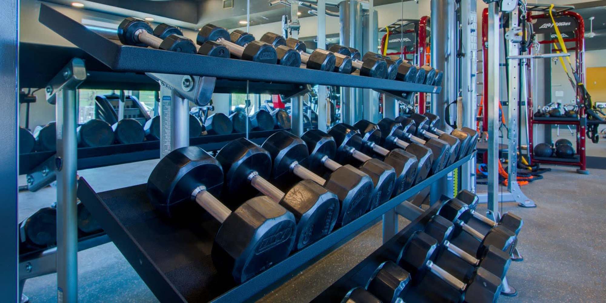 Rack of weights in the fitness center at Fusion 355 in Broomfield, Colorado