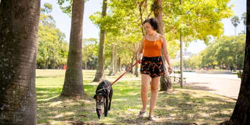 Resident taking her dog for a walk through a park near Number 10 Main in Memphis, Tennessee