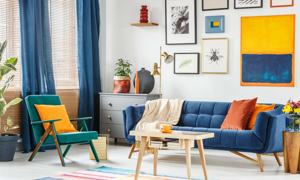 Bright interior of a living room at Telegraph Arts in Oakland, California