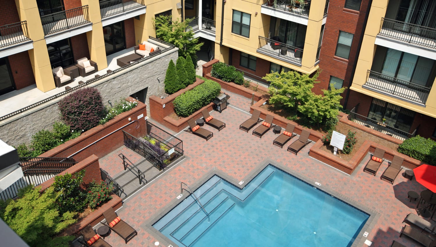 Aerial view of the sparkling swimming pool in the courtyard at Cielo in Charlotte, North Carolina