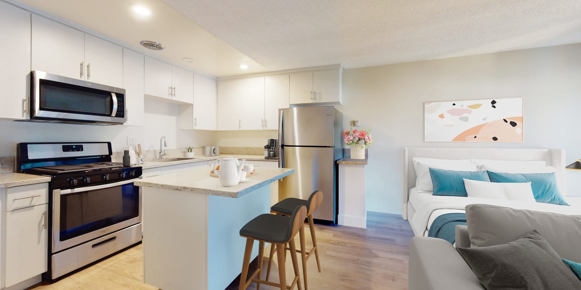 Studio apartment with free-standing island at Mediterranean Village in West Hollywood, California