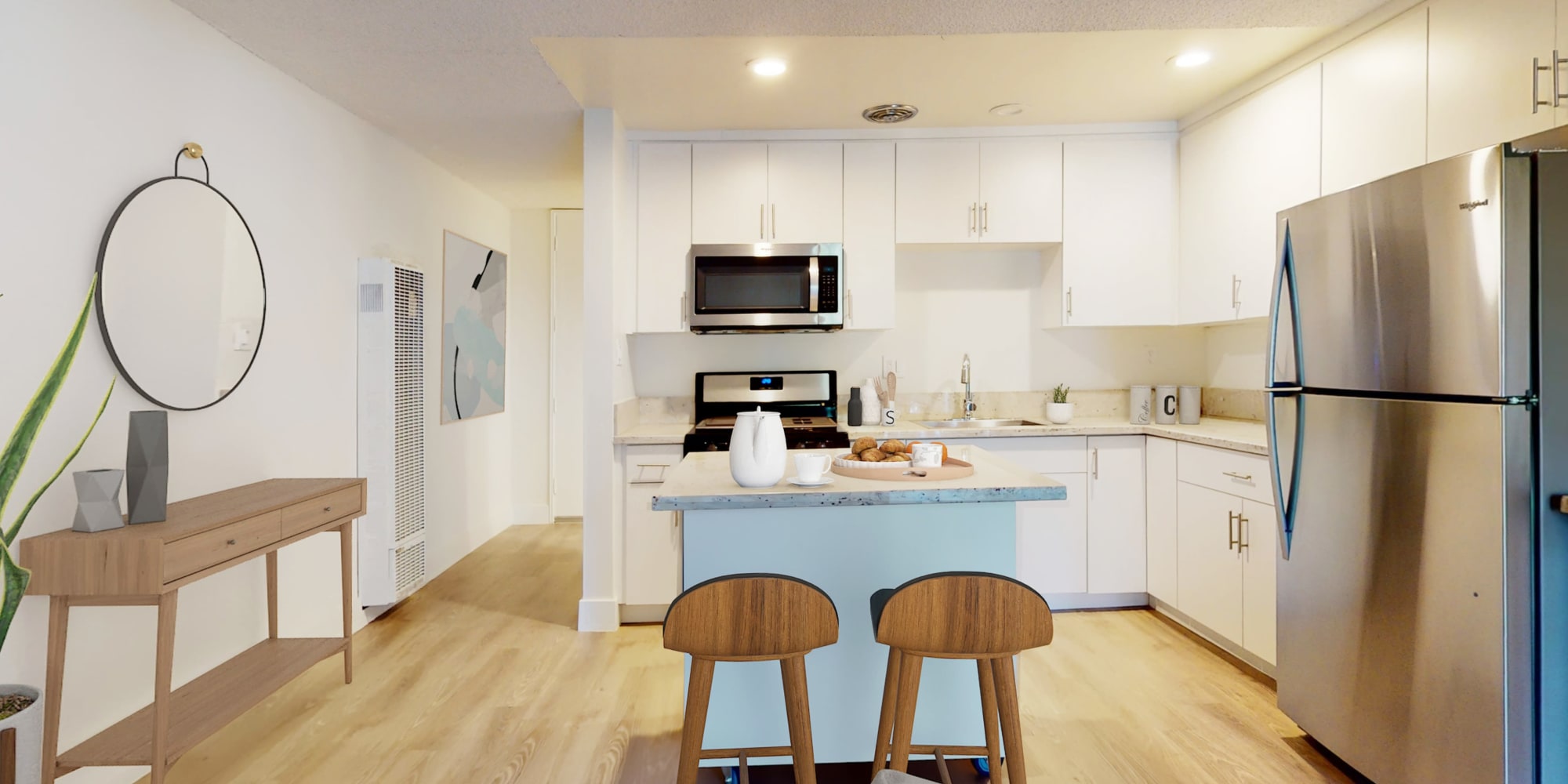 Studio apartment with free-standing island at Mediterranean Village in West Hollywood, California