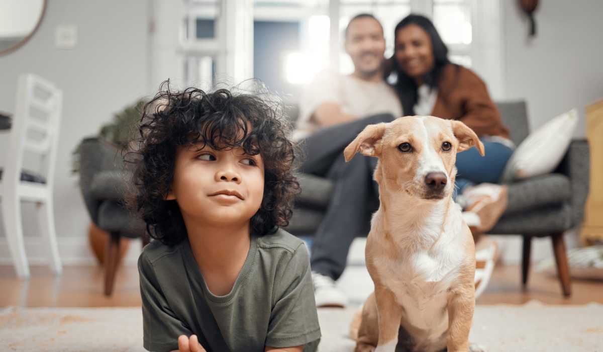 A family and their dog at Promenade Pointe, Norfolk, Virginia