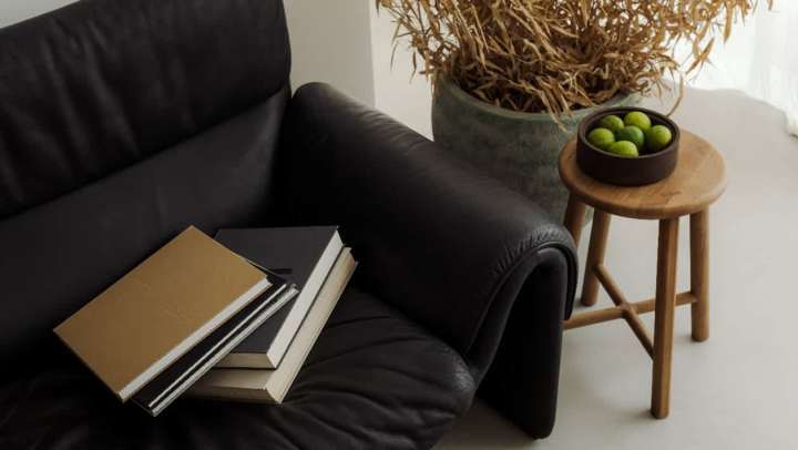 High-angle shot of a minimalist, modern interior. A stack of notebooks with black and tan covers rests on the arm of a black leather sofa. Next to the sofa is a light-wood stool holding a small wooden bowl filled with bright green limes. Behind the stool is a large, textured planter containing dry, straw-like decorative foliage. The room is brightly lit with a white floor.
