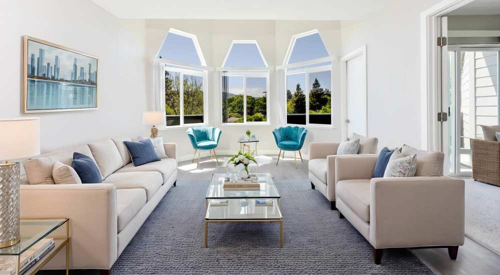 Clubhouse with lounge seating at Bridgecreek Apartments in Novato, California
