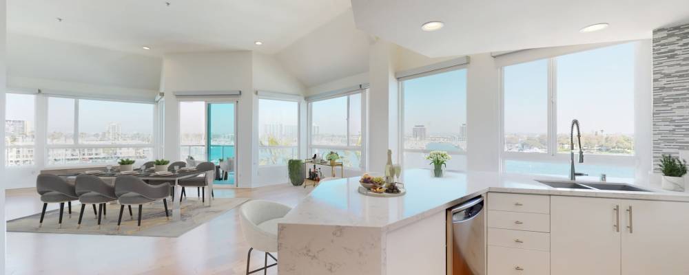 Spacious living room in a four-bedroom luxury townhome at Esprit Marina del Rey in Marina del Rey, California