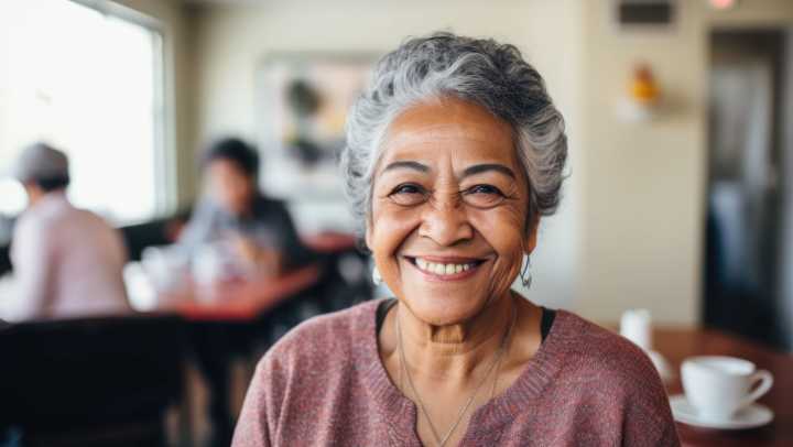 Elderly Woman Smiling in brown shirt