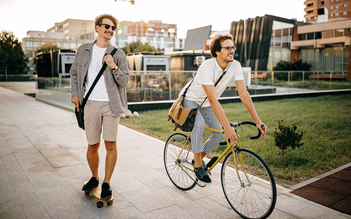 Residents commuting to work by bike and skateboard at Highland Manor Apartments in Rochester, New York