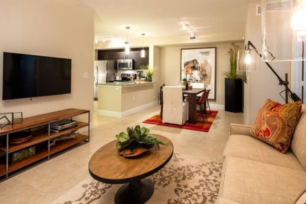 Well-designed model living room at our Mountain Gate community at Casa Vera