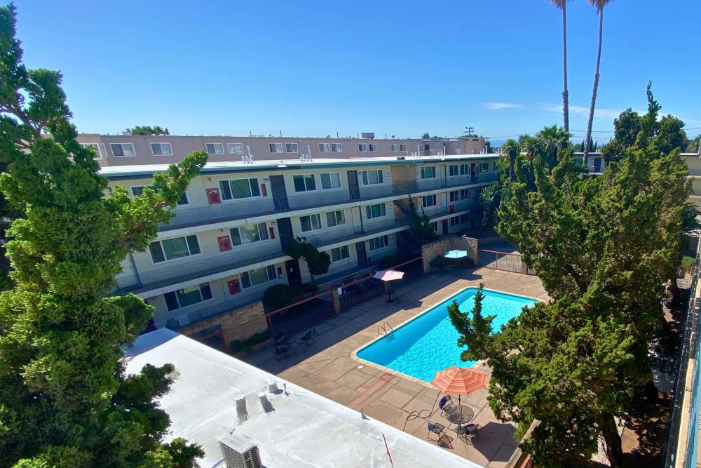 Elevated view of our swimming pool at Terrace Garden Apartment Homes in San Leandro, California